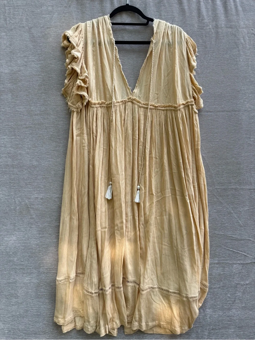 Free People Embroidered Boho Midi Dress Beige Button Front Ruffle Size XS